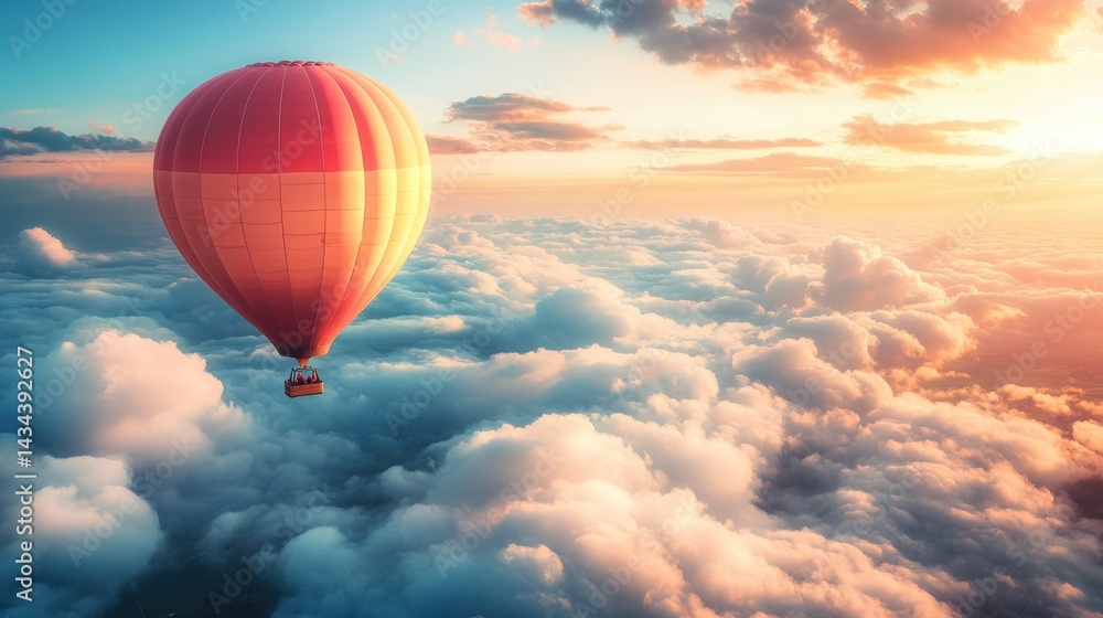 Hot Air Balloon Floating Above Soft Clouds at Sunrise in a Colorful Sky Hot Air Balloon Floating Above Soft Clouds at Sunrise in a Colorful Sky