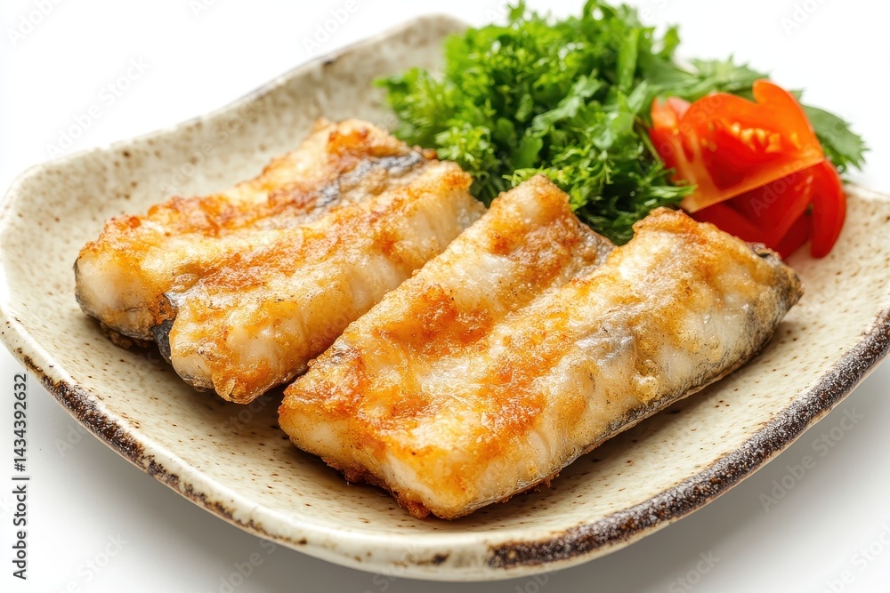 Grilled mackerel on a light tile plate against a white backdrop Grilled mackerel on a light tile plate against a white backdrop