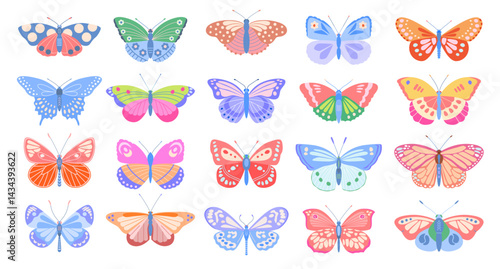 Set of stylized butterflies, moths of delicate colors of different shapes, patterns on white isolated background. Vector cute illustration for design of children's cards, wedding invitations, fabric.