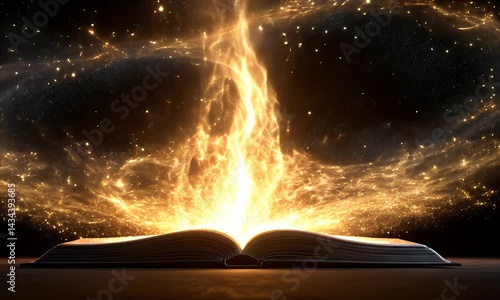 Open book with magical fire illustration
