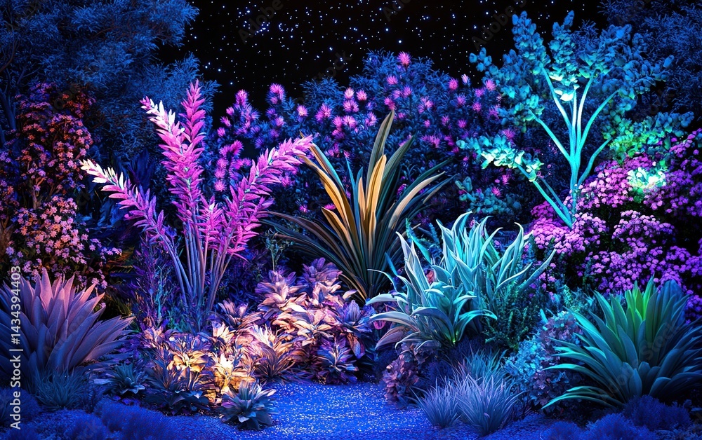 Naklejka premium Vibrant, glowing garden at night
