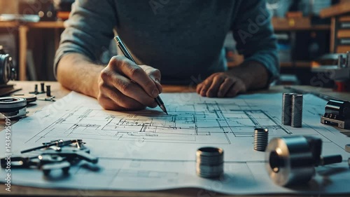 Wallpaper Mural Detailed blueprint review by an engineer for precision and innovation Torontodigital.ca