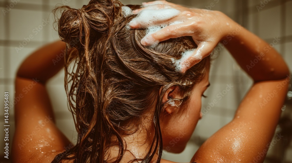 Naklejka premium Woman with soapy hair in shower