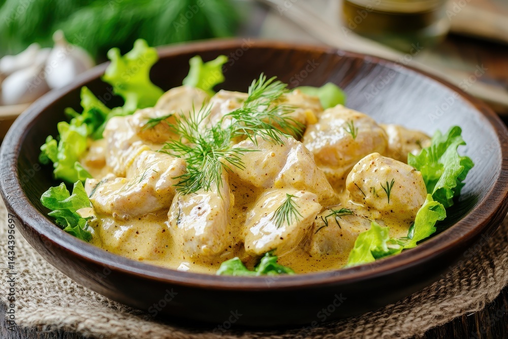 Herring fillets in mustard sauce with dill and lettuce on a wooden surface Herring fillets in mustard sauce with dill and lettuce on a wooden surface