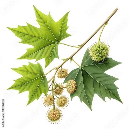 American sycamore branch with leaves and fruits