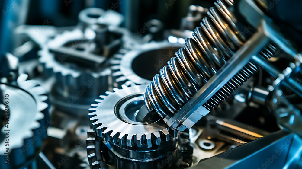 Mechanical arm assembling gears in an industrial gearbox production plant, clear tool stations and sorted components visible, Gear production style Mechanical arm assembling gears in an industrial gearbox production plant, clear tool stations and sorted components visible, Gear production style