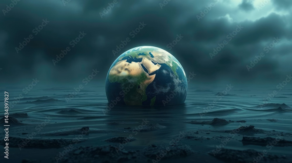 Earth Globe Rising From Water with Dark Sky Earth Globe Rising From Water with Dark Sky
