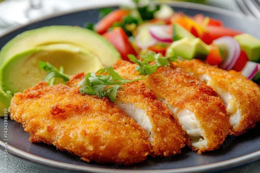 Image of delicious fried trout fillets on a plate with dog cockle avocado and veggies Image of delicious fried trout fillets on a plate with dog cockle avocado and veggies