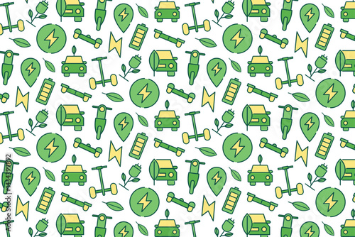 Seamless pattern with linear eco-transport elements: bikes, electric cars, scooters and more.