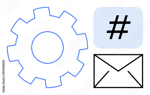 Gear, envelope icon, and metadata tag indicating teamwork, communication, automation, and technology. Ideal for concepts thumbs up strategy, coding, marketing networking tech systems and a simple
