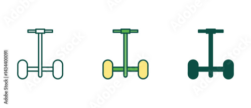 Set of eco segway icons in three variations: line, color with soft palette, and silhouette. Great for green transport and mobility topics.