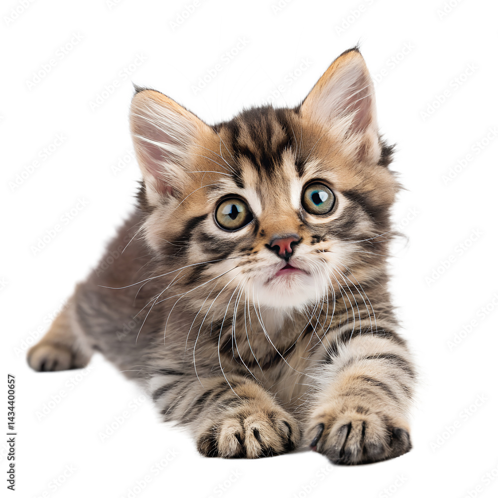 Obraz premium Cute tabby kitten lying down and looking up on a transparent background