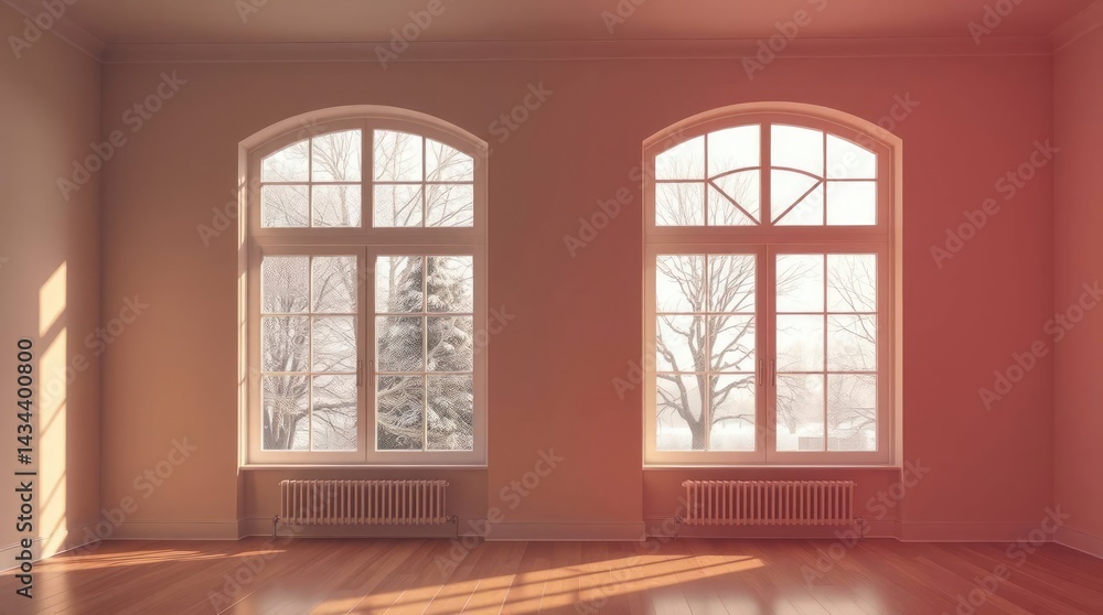 Empty Room with Two Arched Windows Overlooking Snowy Winter Landscape Empty Room with Two Arched Windows Overlooking Snowy Winter Landscape