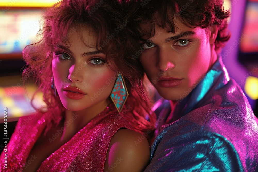 Naklejka premium A young couple, stylishly dressed in 80s attire, pose intimately under vibrant neon lights.