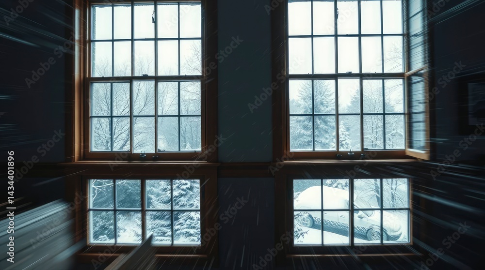 Snowy Winter Scene Seen Through Paned Windows in a Room Snowy Winter Scene Seen Through Paned Windows in a Room