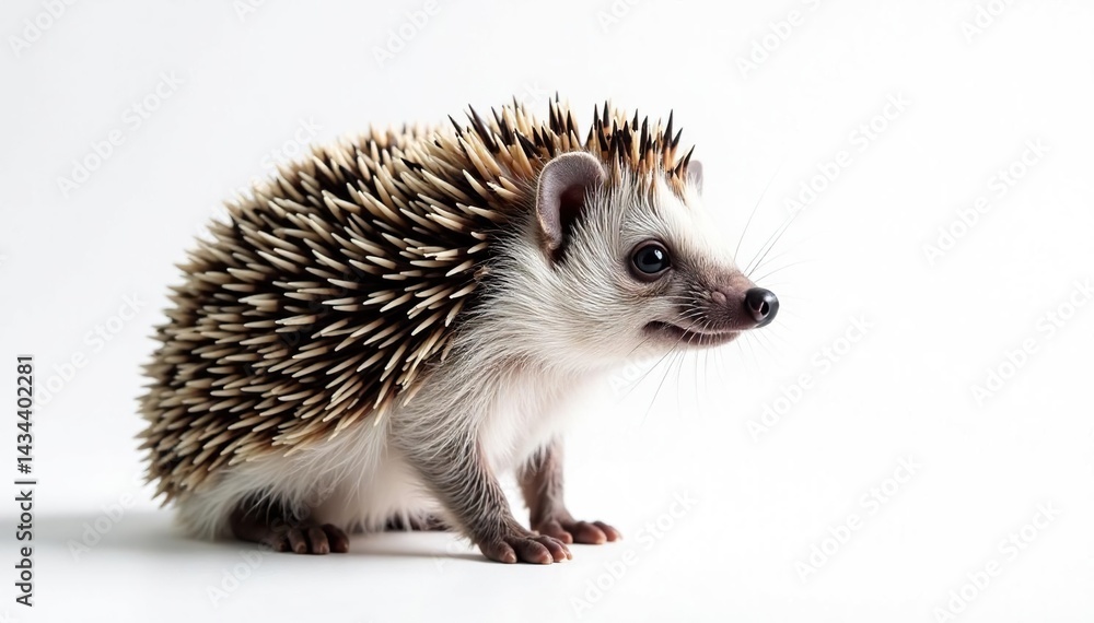 A single hedgehog, facing right, against a stark white backdrop, adorable, spines A single hedgehog, facing right, against a stark white backdrop, adorable, spines