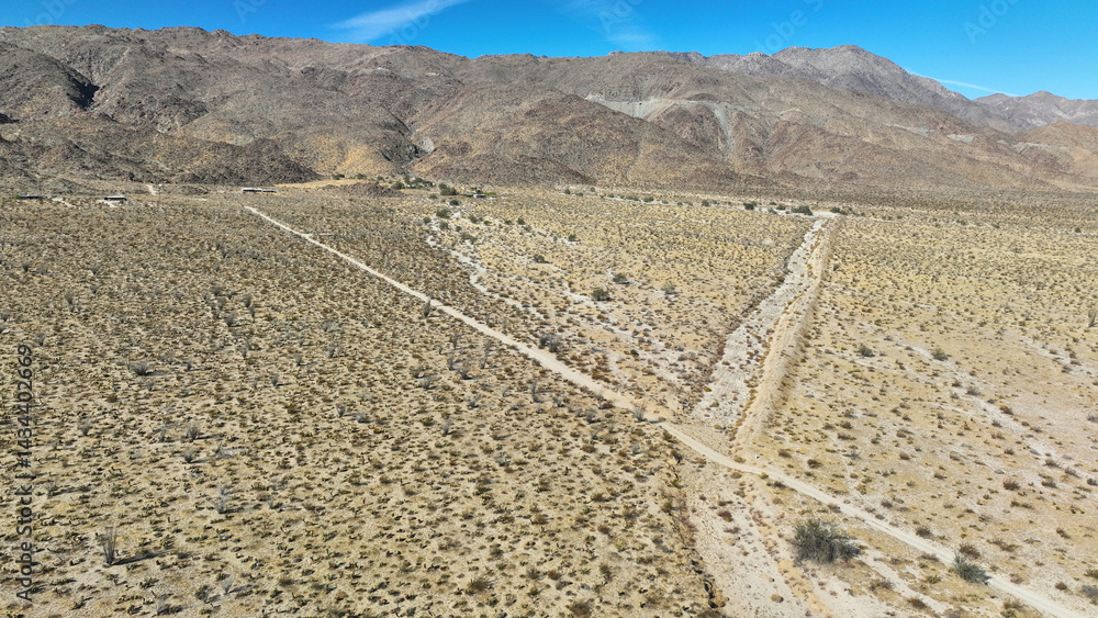 Aerial drone photo of wildflower desert fields and amazing landscape in beautiful Anza - Borego State Park, California, United States of America