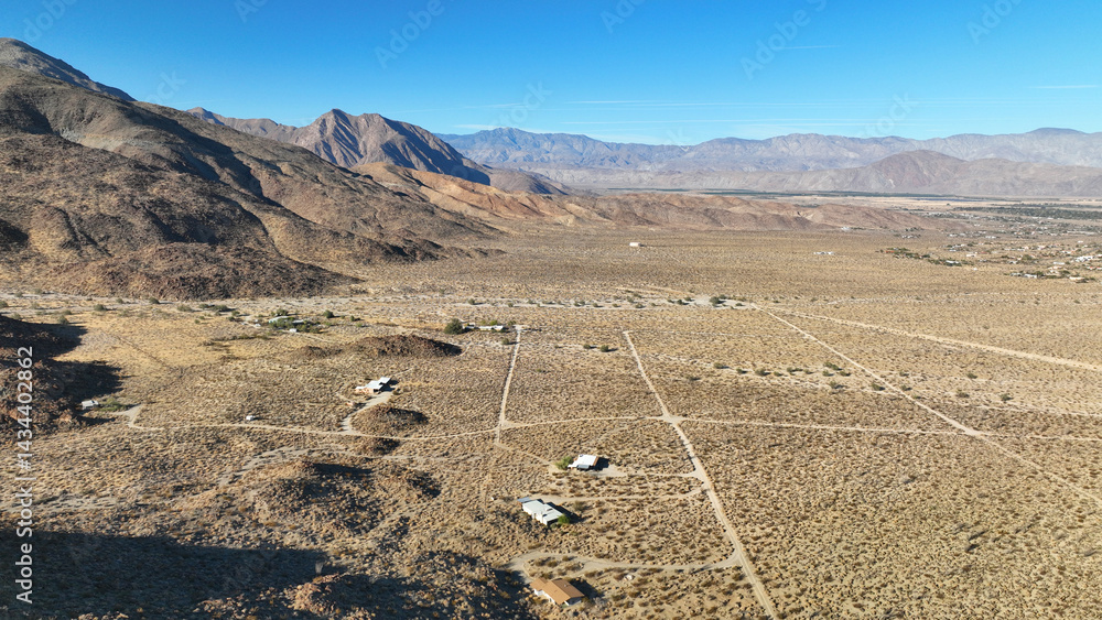 Aerial drone photo of wildflower desert fields and amazing landscape in beautiful Anza - Borego State Park, California, United States of America