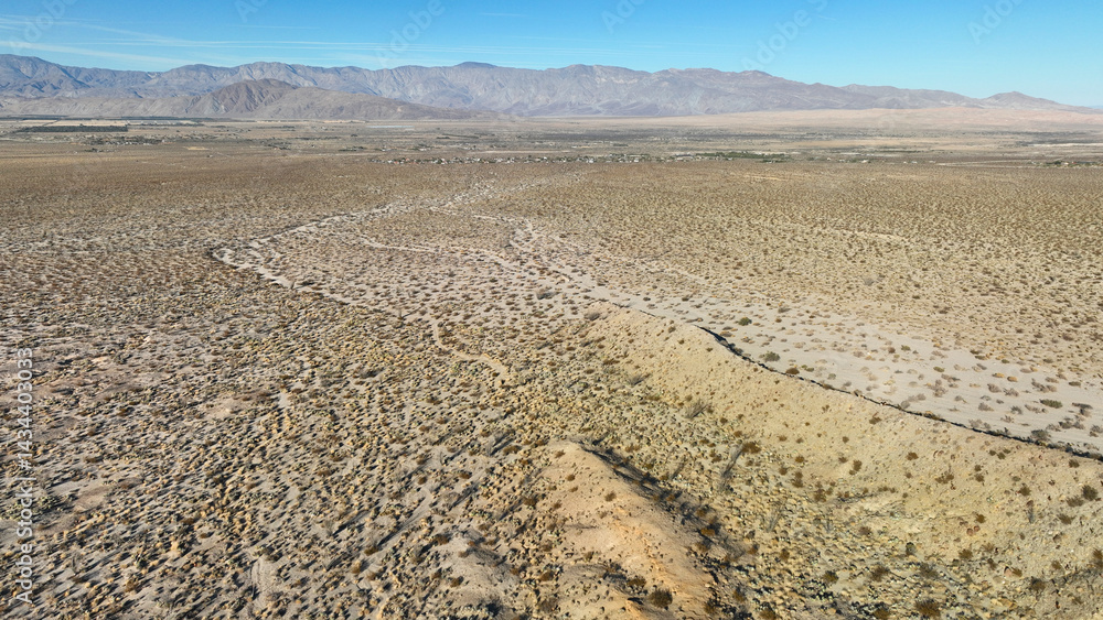 Aerial drone photo of wildflower desert fields and amazing landscape in beautiful Anza - Borego State Park, California, United States of America