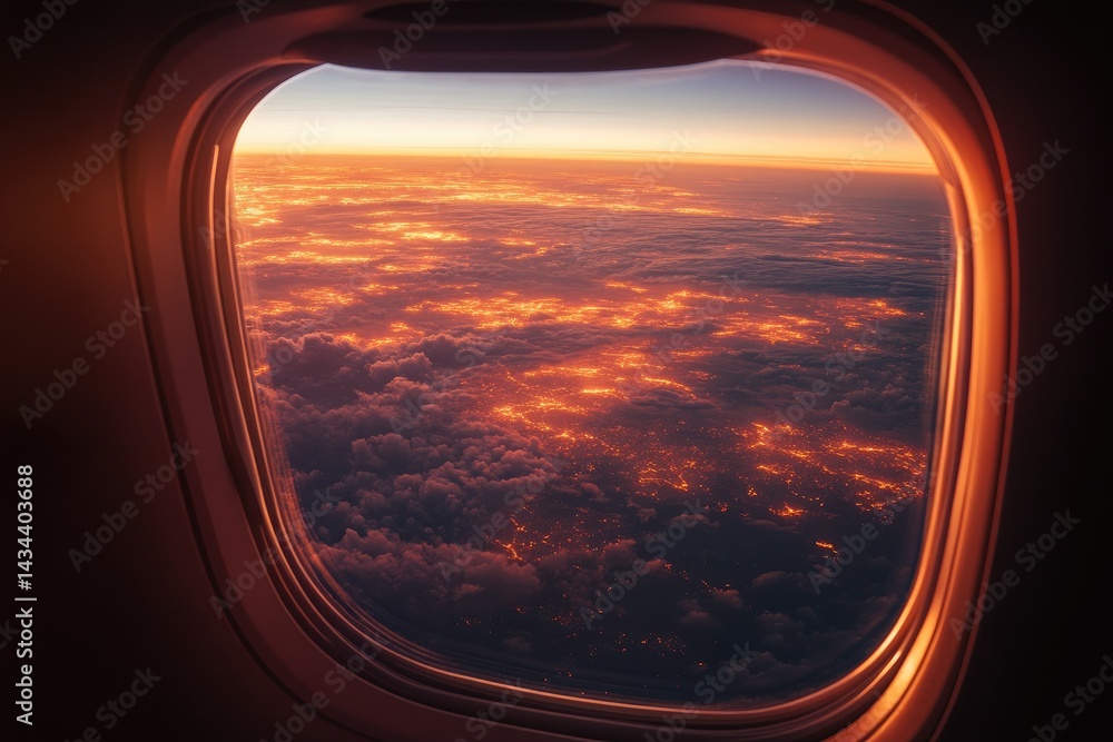 Airplane window view of sunset and clouds travel adventure Airplane window view of sunset and clouds travel adventure