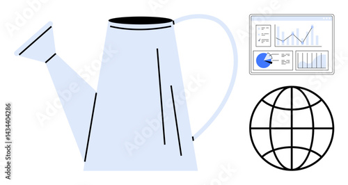 Watering can symbolizing nurturing and growth, globe representing global perspective, and an analytics dashboard showing data-driven decision-making. Ideal for sustainability, business growth