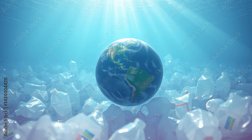 Fototapeta premium Earth Globe Surrounded by Plastic Waste Undersea Environment