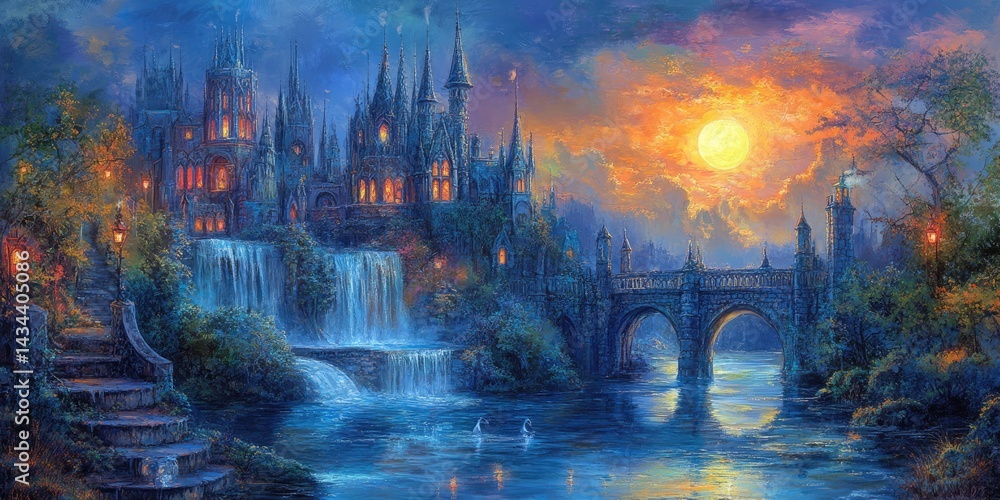 Fototapeta premium Enchanting fairytale castle at sunset, with a waterfall and bridge, under a magical moonlit sky.