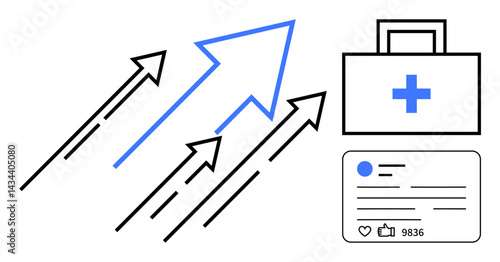 Blue upward arrows symbolize growth alongside a first aid kit and social media metrics box. Ideal for healthcare, innovation, social media, progress, marketing, analytics, simple landing page