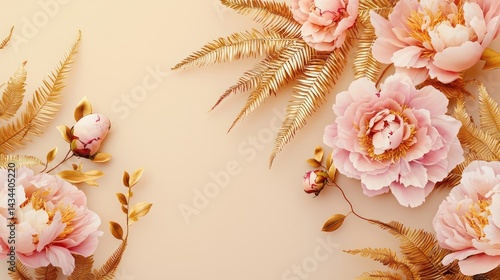 Modern floral composition featuring blush pink peonies and delicate golden ferns, arranged in a diagonal flow, isolated on a soft champagne background.