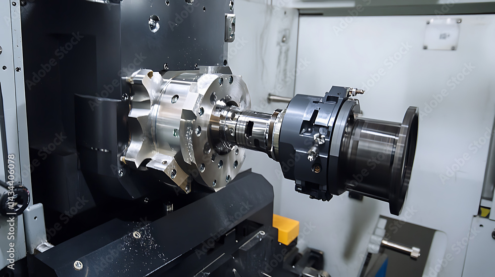 Mechanical arm assembling high precision machine tools in a manufacturing workshop, clean and organized tool stations visible, Machine tool assembly style Mechanical arm assembling high precision machine tools in a manufacturing workshop, clean and organized tool stations visible, Machine tool assembly style