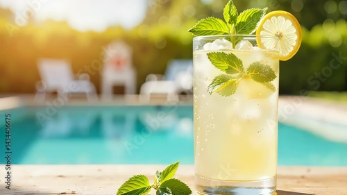 Refreshing lemonade drink with mint by the poolside  
