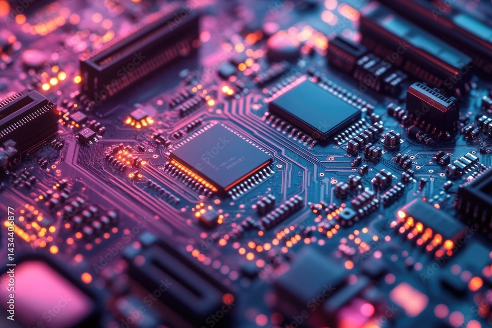 Close-up of a circuit board with illuminated components, showcasing intricate electronic design and technology. Close-up of a circuit board with illuminated components, showcasing intricate electronic design and technology.