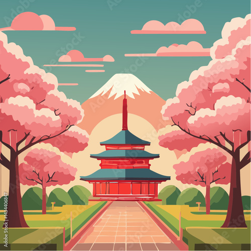A Japanese cherry blossom garden in full bloom.

