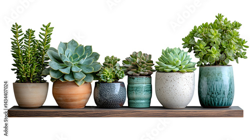 Minimalist shelf with succulents and ceramic decor items, isolated on white background
