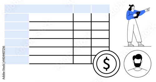 Financial table layout, dollar sign icon, male avatar, and professional pointing at data. Ideal for finance, business strategy, budgeting, accounting, employee management customer relations simple