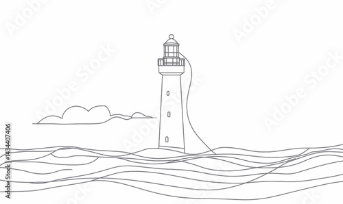 Minimalist One Line Drawing of Lighthouse on Ocean Scenery in Vector Style