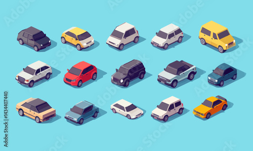 Isometric Vector Set of Minimalistic Cars in Various Styles and Colors