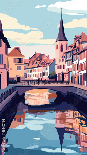 Charming Colmar Canal View Vector Art in Minimalist Style for Alsace Region Travel