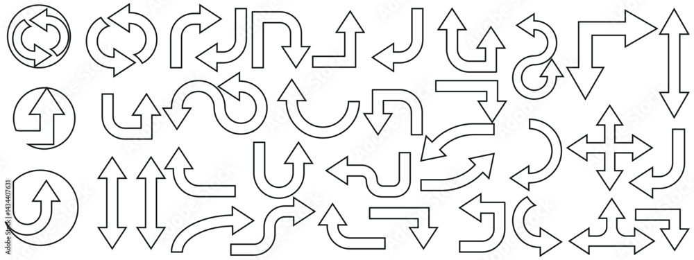 A collection of thin outline black arrows in multiple directions and styles. Perfect for minimal UI, navigation, signs, and web design.
A collection of thin outline black arrows in multiple directions and styles. Perfect for minimal UI, navigation, signs, and web design.