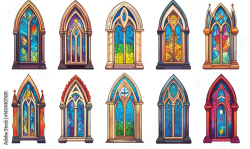 Colorful Stained Glass Windows in Gothic Church, Christian Religious Art Vector