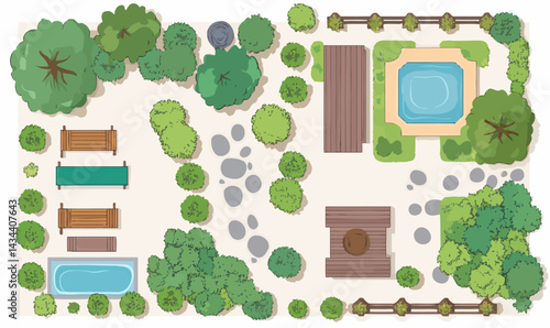 Minimalist Garden Walkway with Relaxing Outdoor Furniture and Trees Vector
