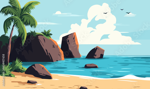 Minimalist Beach Scene with Rocks and Palm Trees in Flat Vector Style Illustration