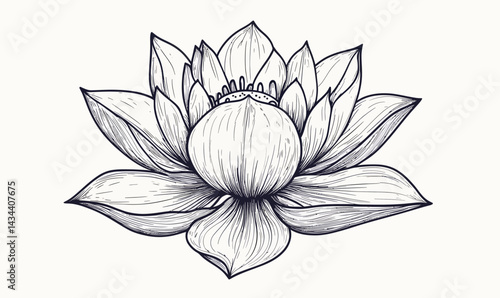 Intricate Lotus Lily Illustration in Vintage Woodcut Etching Style Vector Art