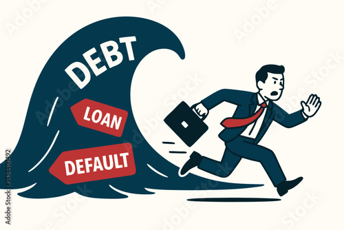 Escaping Financial Crisis: Businessman runs from giant wave of debt, loans, and default notices. Vector illustration symbolizing financial pressure, burden, and risk avoidance.