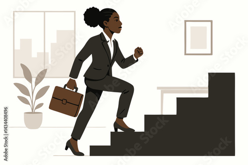 Determined Black businesswoman in a suit climbing office stairs with a briefcase, symbolizing career progression, ambition, leadership, and climbing the corporate ladder for success.