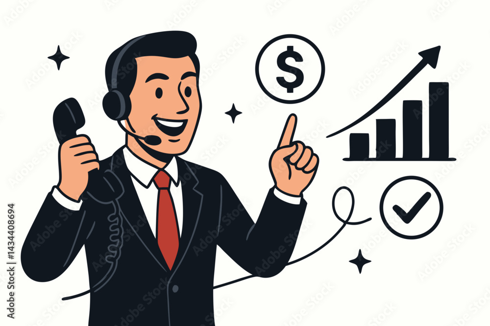 Successful telemarketer vector graphic. Happy businessman with headset points to rising graph and dollar symbol, representing financial growth and customer service achievement. Successful telemarketer vector graphic. Happy businessman with headset points to rising graph and dollar symbol, representing financial growth and customer service achievement.