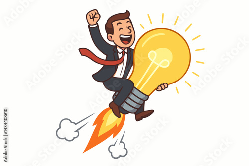 Excited businessman riding a bright idea lightbulb rocket, symbolizing innovation, startup launch, creative solutions, and achieving business success through brilliant concepts vector illustration.