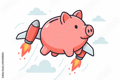 Vector illustration of a pink piggy bank launched by rockets, depicting fast financial growth, startup investment, soaring savings, wealth acceleration, and money flying concept art.