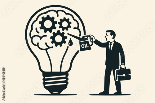 Brain Maintenance Vector Concept: Businessman Oils Cogwheels in Lightbulb Head for Mental Lubrication, Idea Generation, Performance Optimization, and Business Skill Investment.