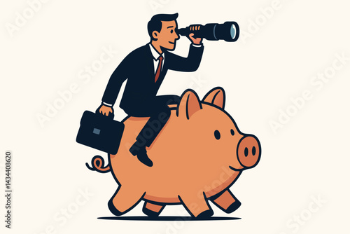 Financial foresight concept: Businessman riding piggy bank uses telescope to find investment opportunities and plan for future savings growth. Business strategy and vision vector illustration.